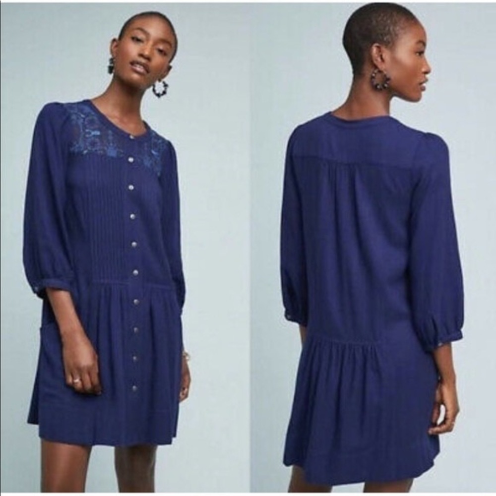 ✅ Anthropologie Dubois‎ Embroidered Tunic Dress Blue Size 4